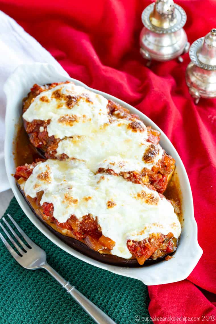 Gluten Free Stuffed Eggplant with Ricotta and Mozzarella in a white baking dish