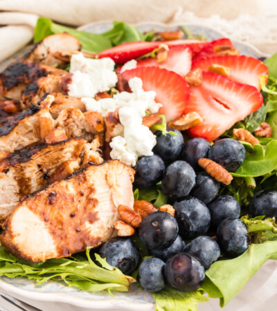 Mixed greens topped with grilled chicken, blueberries, strawberries, goat cheese, pecans, and blueberry balsamic vinaigrette