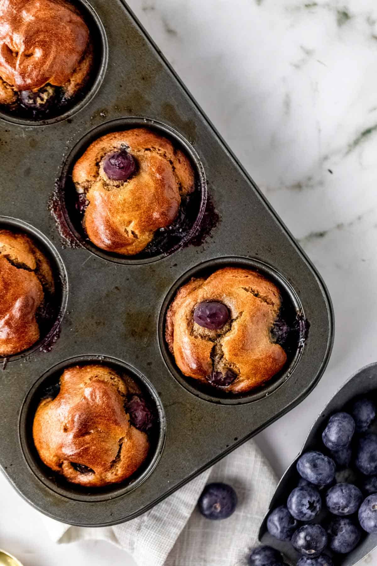 Overhead view of flourless blueberry mini muffins in a muffin pan.