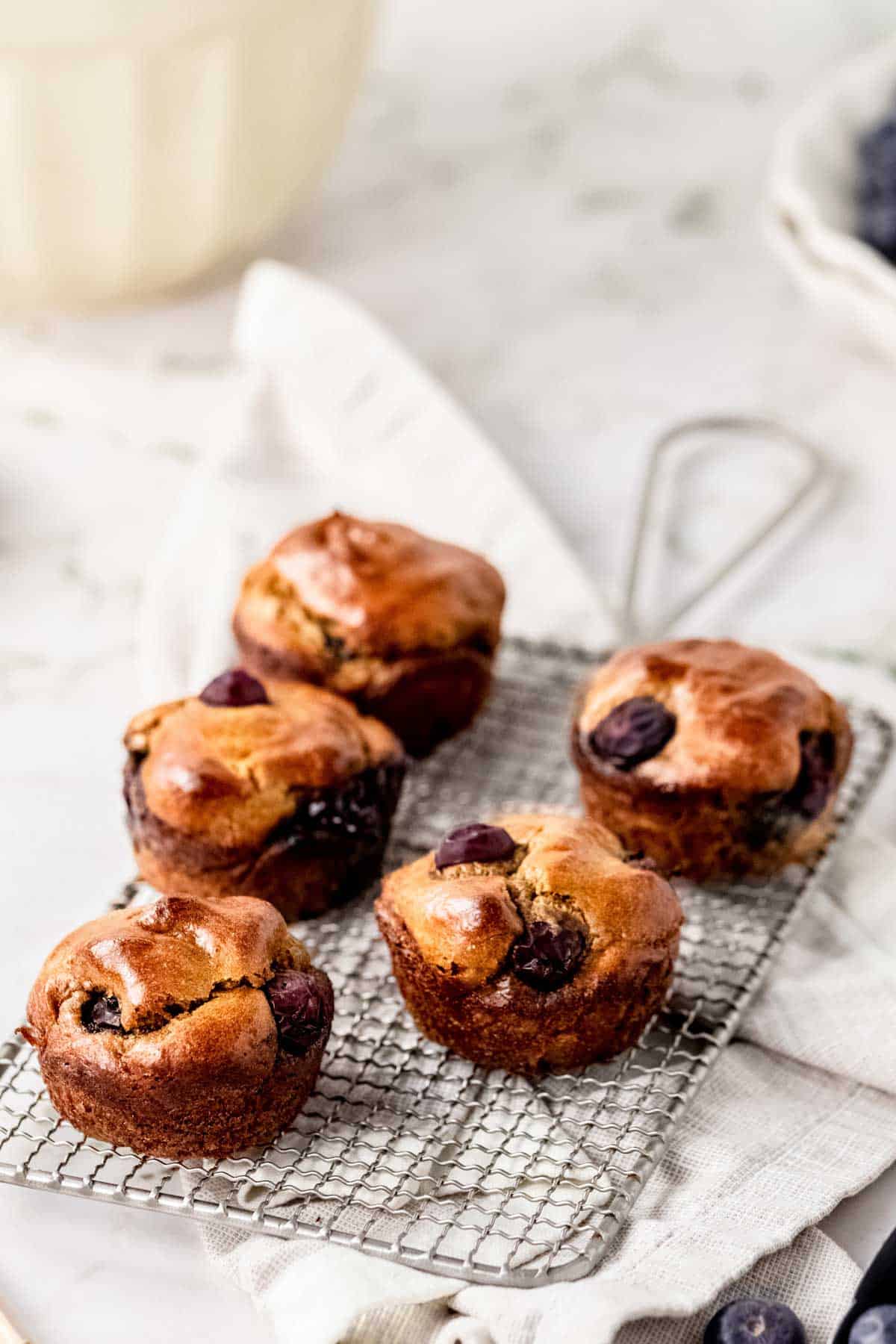 Flourless blueberry mini muffins on a wire rack.