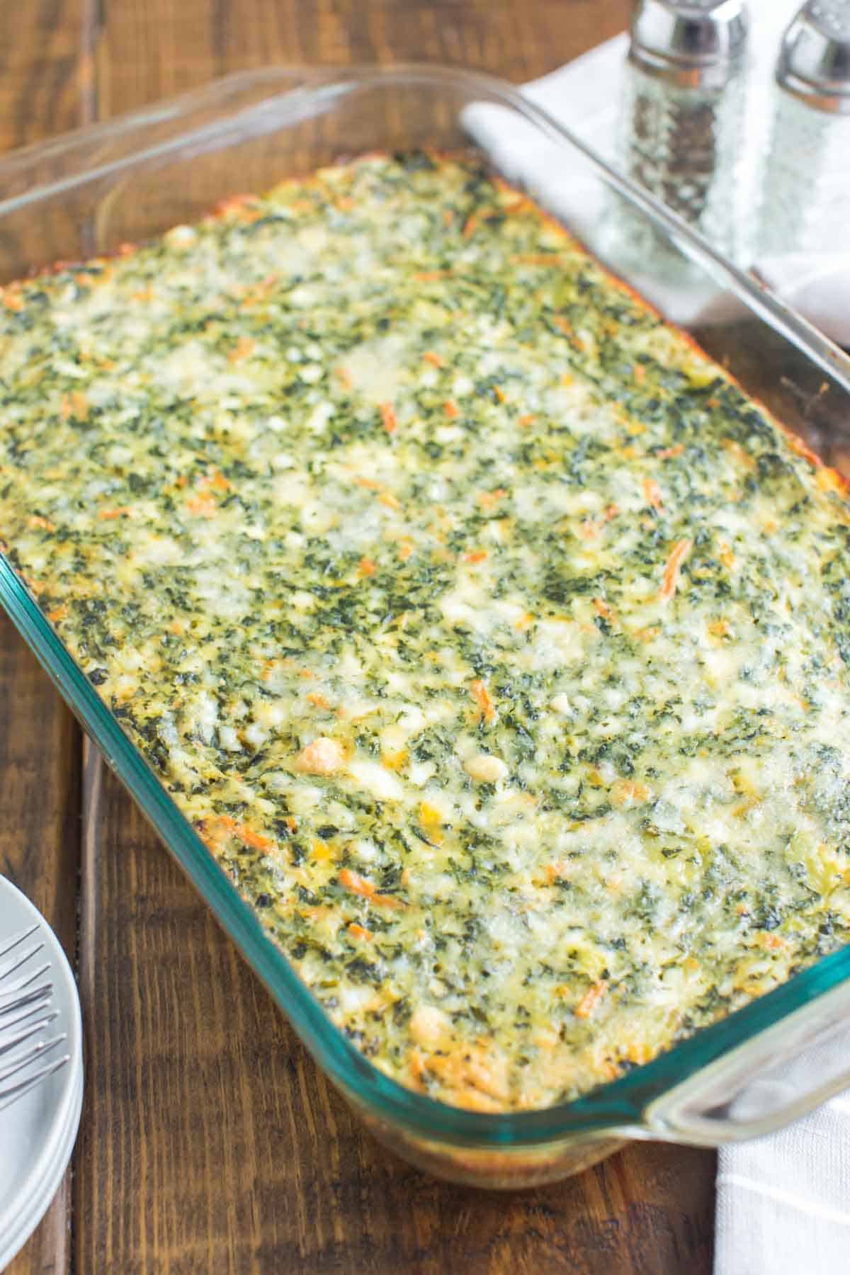 Carrot and Spinach Breakfast Casserole in a glass baking dish