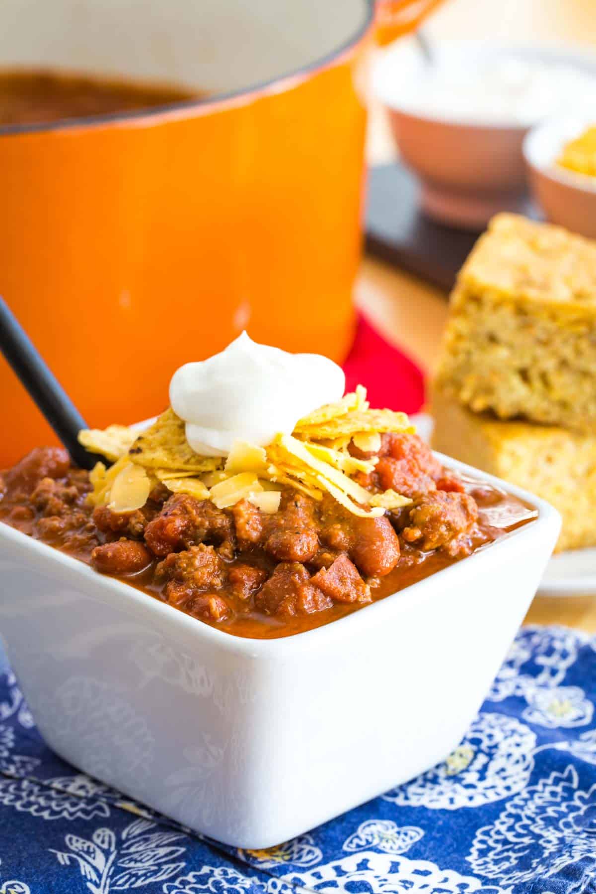 Beef Ribeye Chili in the Lodge 5 Quart Cast Iron Dutch Oven 