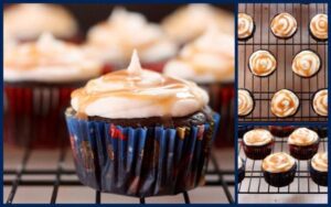 Coconut salted caramel chocolate cupcakes on a cooling rack.