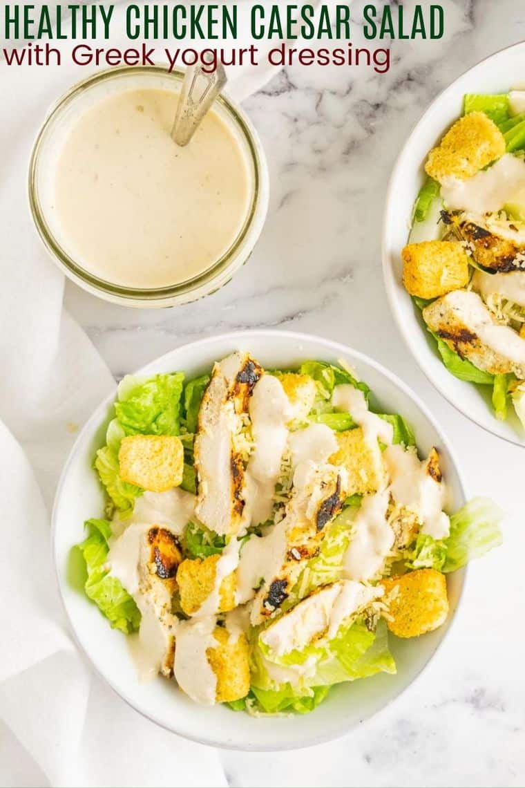 Healthy Chicken Caesar Salad with Greek Yogurt Dressing Recipe Image with Title