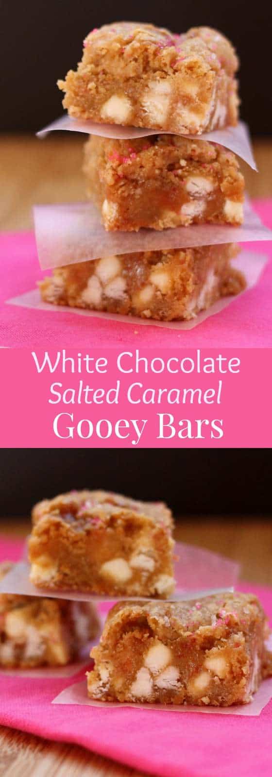 White Choclate Salted Caramel Gooey Bars - the best blondies ever. You'll love this cookie bar recipe for a sweet dessert!
