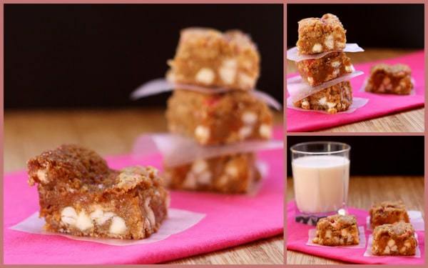 Photo collage of gooey bars stacked on parchment paper over a pink cloth.