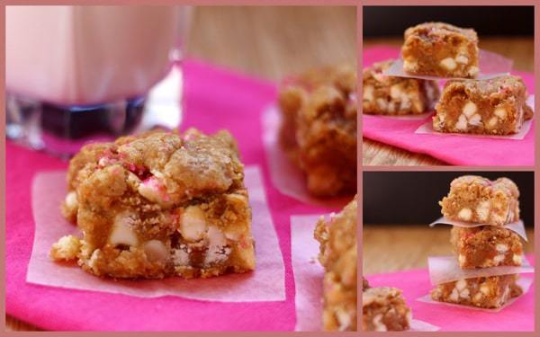 Photo collage of gooey bars stacked on parchment paper over a pink cloth.