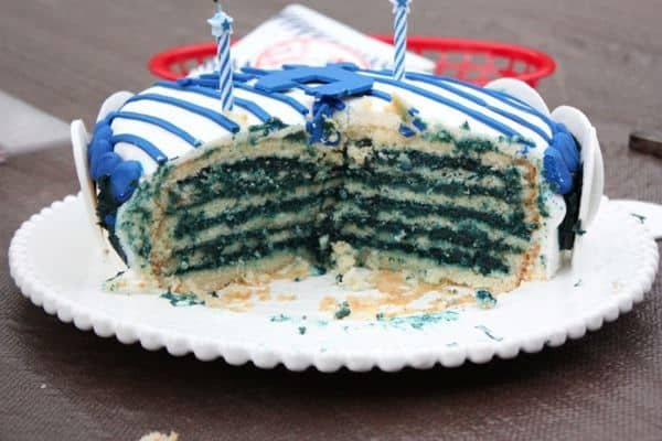 Yankees Pinstripe Cake (a.k.a. Reverse Blue Velvet Cake) and