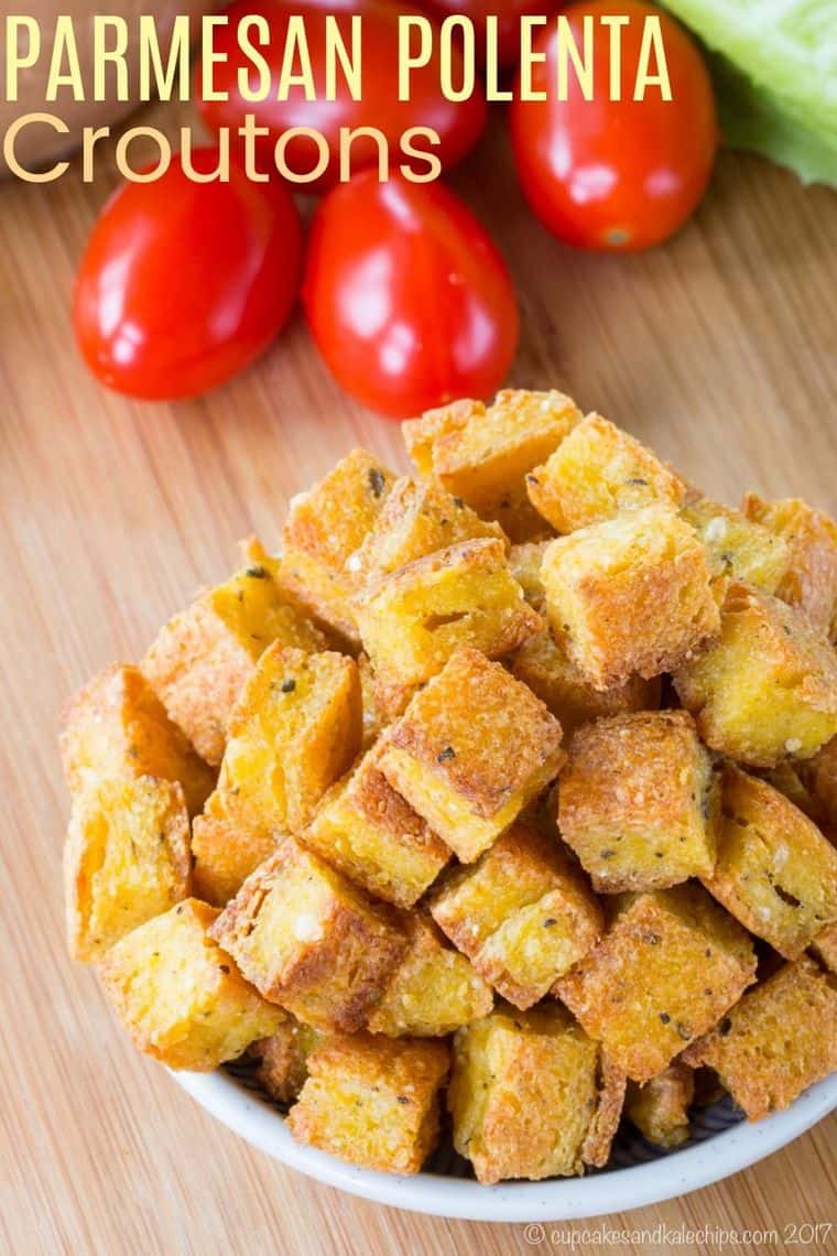 Italian Herb Parmesan Polenta Croutons - a crispy salad topping that's naturally gluten free