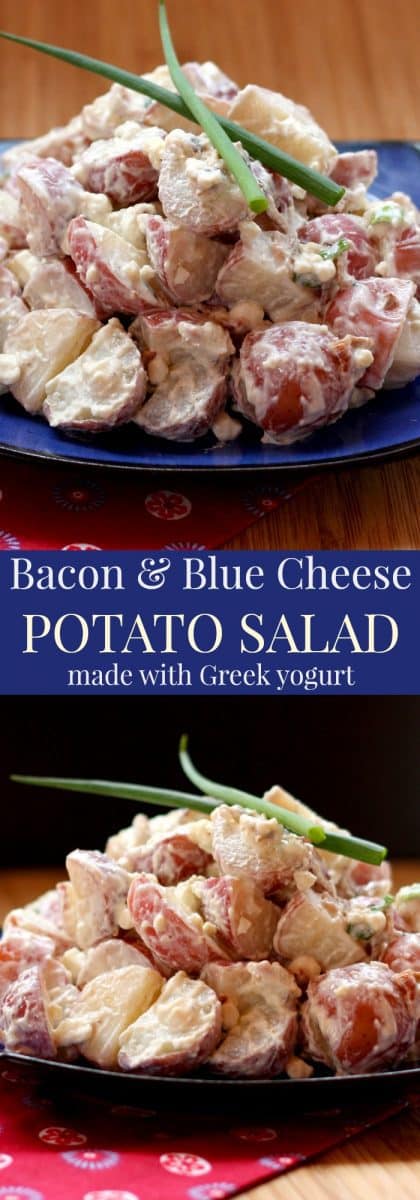 Bacon and Blue Cheese Potato Salad - a lightened up side dish recipe with Greek yogurt instead of mayo, and just enough bacon and blue cheese to pack tons of flavor. | cupcakesandkalechips.com