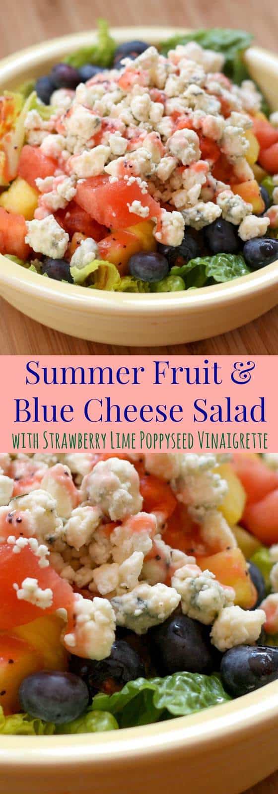 Summer Fruit and Blue Cheese Salad with Strawberry Lime Poppy Seed Vinaigrette - a summer salad with a perfect sweet and savory combo for a light lunch or meatless dinner. | cupcakesandkalechips.com | gluten free, vegetarian
