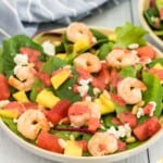 bowl of mixed greens topped with grilled shrimp, watermelon, mango, pineapple, crumbled goat cheese, pine nuts, and strawberry vinaigrette