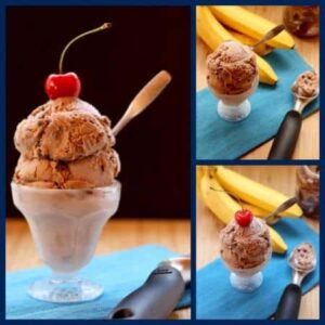 Photo collage of Banana Nutella Chocolate Chip ice cream served with a cherry on top.