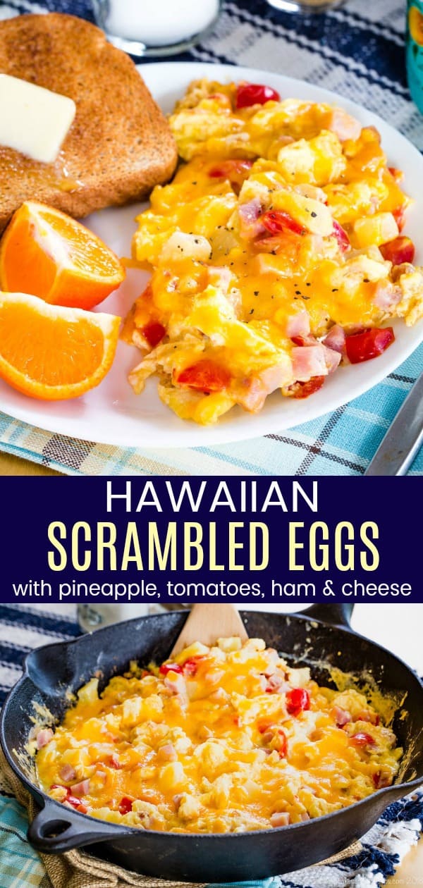 Hawaiian Scrambled Eggs - this cheesy egg recipe is made with ham, pineapple, and tomatoes. The most delicious and fluffy scrambled eggs make a great brunch or breakfast for dinner. Gluten free and low carb too! #scrambledeggs #breakfast #breakfastfordinner #glutenfree