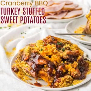 Give Thanksgiving leftovers new life with cranberry sauce, stuffing, cheese and turkey stuffed sweet potatoes! Cranberry BBQ Turkey Stuffed Sweet Potatoes.