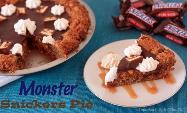 Monster Snickers Pie - a giant monster cookie crust and layers of caramel, peanuts, and chocolate ganache, this is the ultimate dessert recipe! | cupcakesandkalechips.com | gluten free