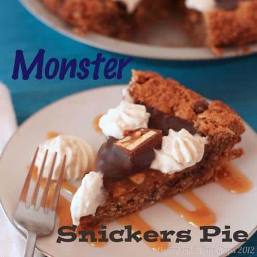 Monster Snickers Pie - a giant monster cookie crust and layers of caramel, peanuts, and chocolate ganache, this is the ultimate dessert recipe! | cupcakesandkalechips.com | gluten free