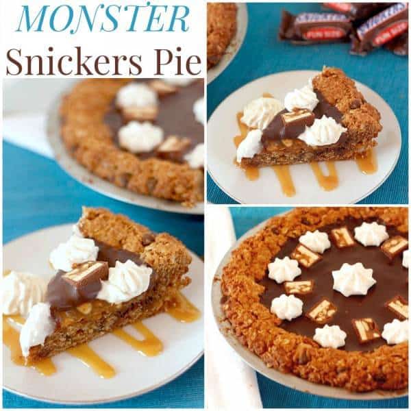 Monster Snickers Pie - a giant monster cookie crust and layers of caramel, peanuts, and chocolate ganache, this is the ultimate dessert recipe! | cupcakesandkalechips.com | gluten free