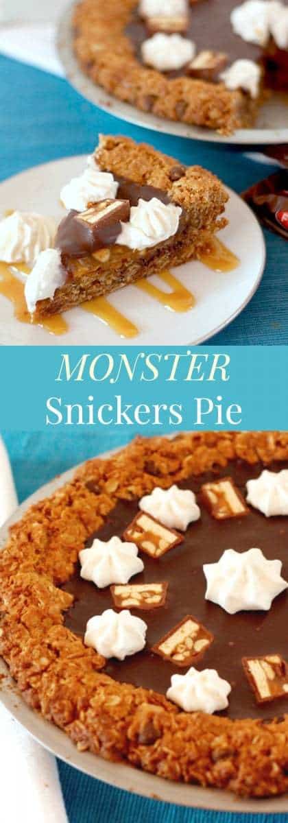 Monster Snickers Pie - a giant monster cookie crust and layers of caramel, peanuts, and chocolate ganache, this is the ultimate dessert recipe! | cupcakesandkalechips.com | gluten free