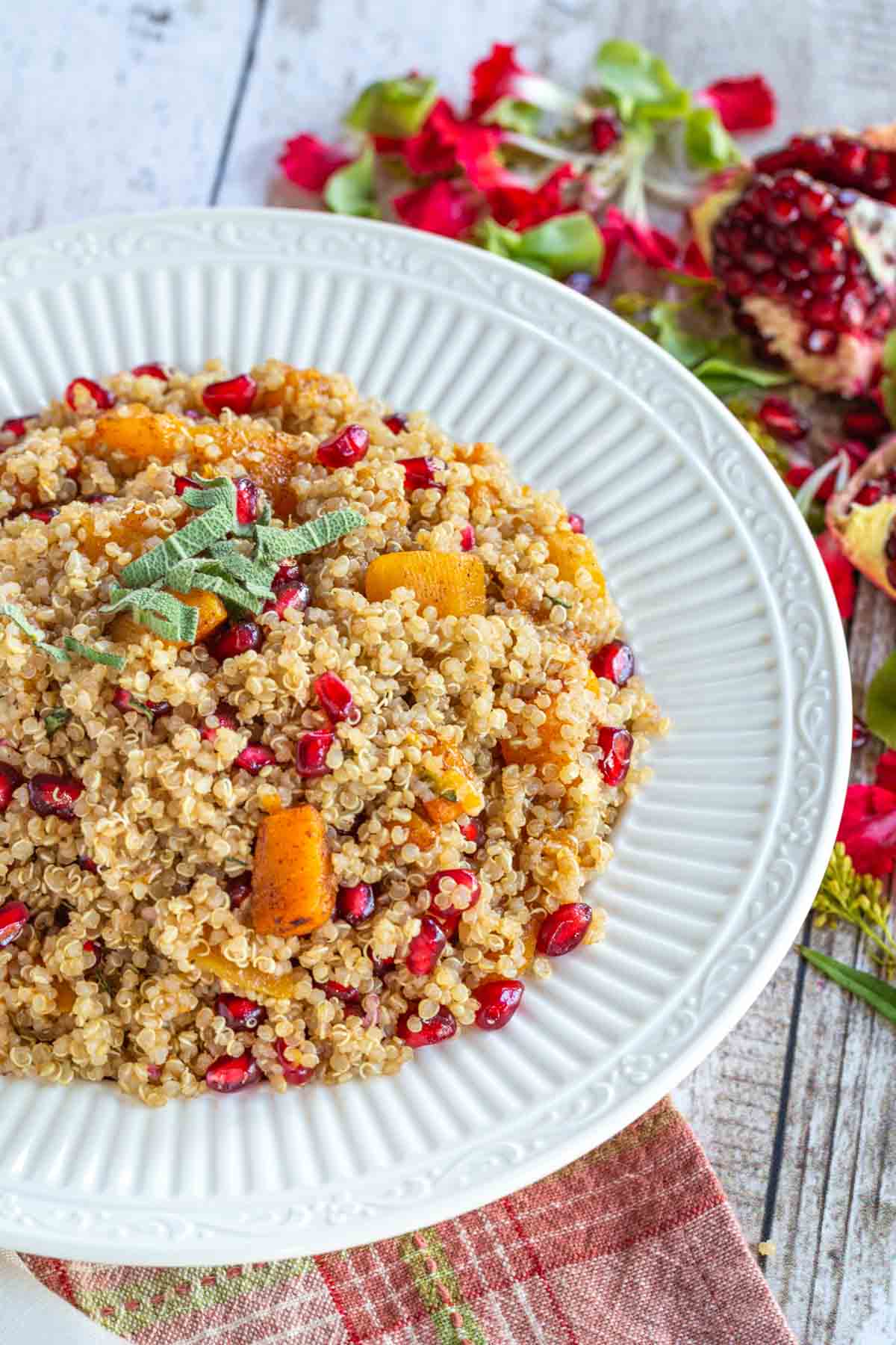 A bowl of quinoa with roasted butternut squash cubes and pomegranate seeds