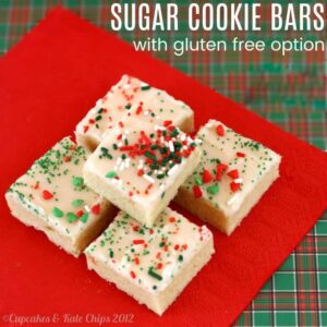 Sugar Cookie Bars with gluten free option stacked on a red napkin