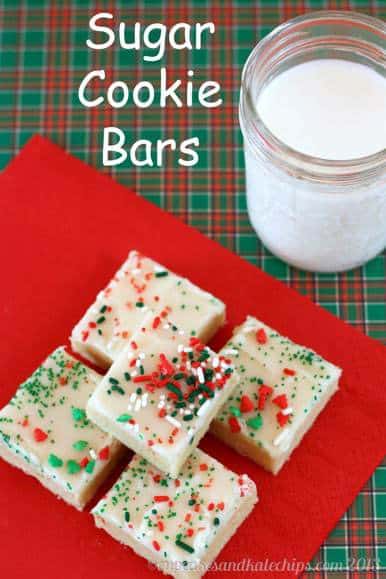 Sugar Cookie Bars on a red napkin with a red and green plaid tablecloth