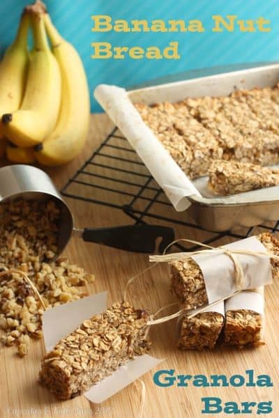 Banana nut breakfast granola bars next to a oats spilling from a measuring cup.
