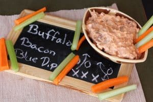 Low Carb Buffalo Bacon Blue Cheese Dip on a chalkboard with recipe name