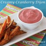 Cranberry dijon dipping sauce next to sweet potato fries.