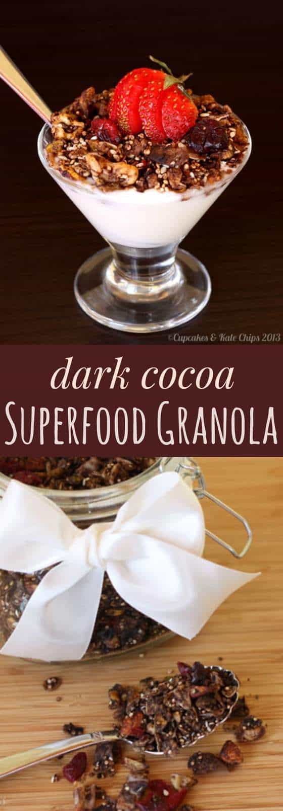 Dark Cocoa Superfood Granola - chocolate for breakfast is good for you when add it to a healthy recipe filled with nuts, oats, quinoa, flax seeds and more! | cupcakesandkalechips.com