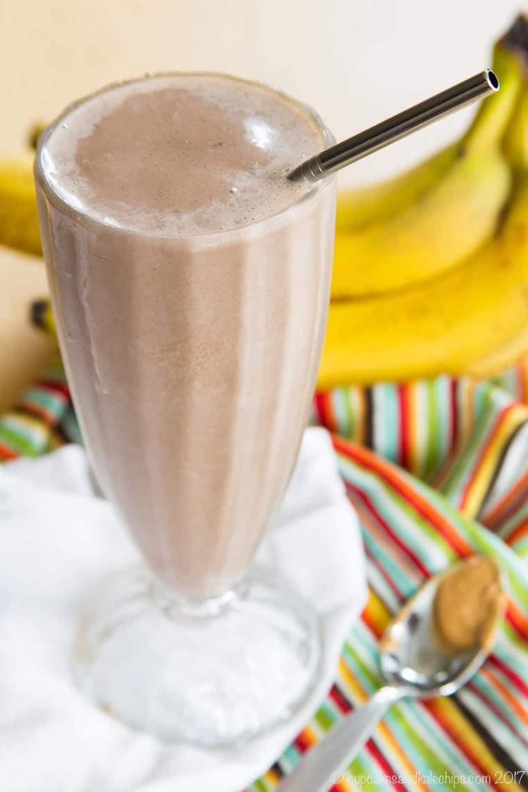 Chocolate Peanut Butter Banana Smoothie in a tall glass