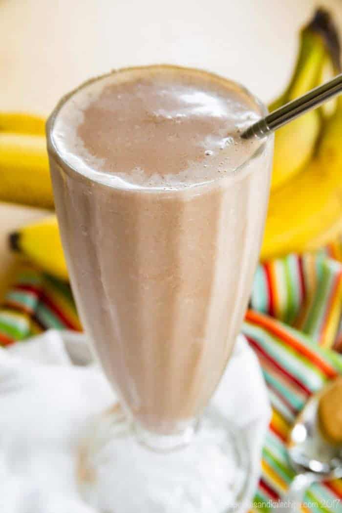 Funky Monkey Smoothie recipe in a milkshake glass with a metal straw