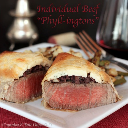 Individual beef phyllingtons are a tasty twist on beef Wellington, using phyllo dough as the exterior crust. Individual sized portions make beef phyllingtons a perfect Valentine's Day dinner. | cupcakesandkalechips.com