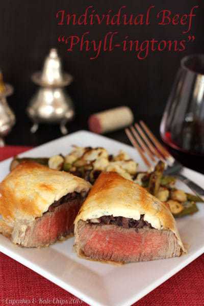 Individual beef phyllingtons are a tasty twist on beef Wellington, using phyllo dough as the exterior crust. Individual sized portions make beef phyllingtons a perfect Valentine's Day dinner. | cupcakesandkalechips.com