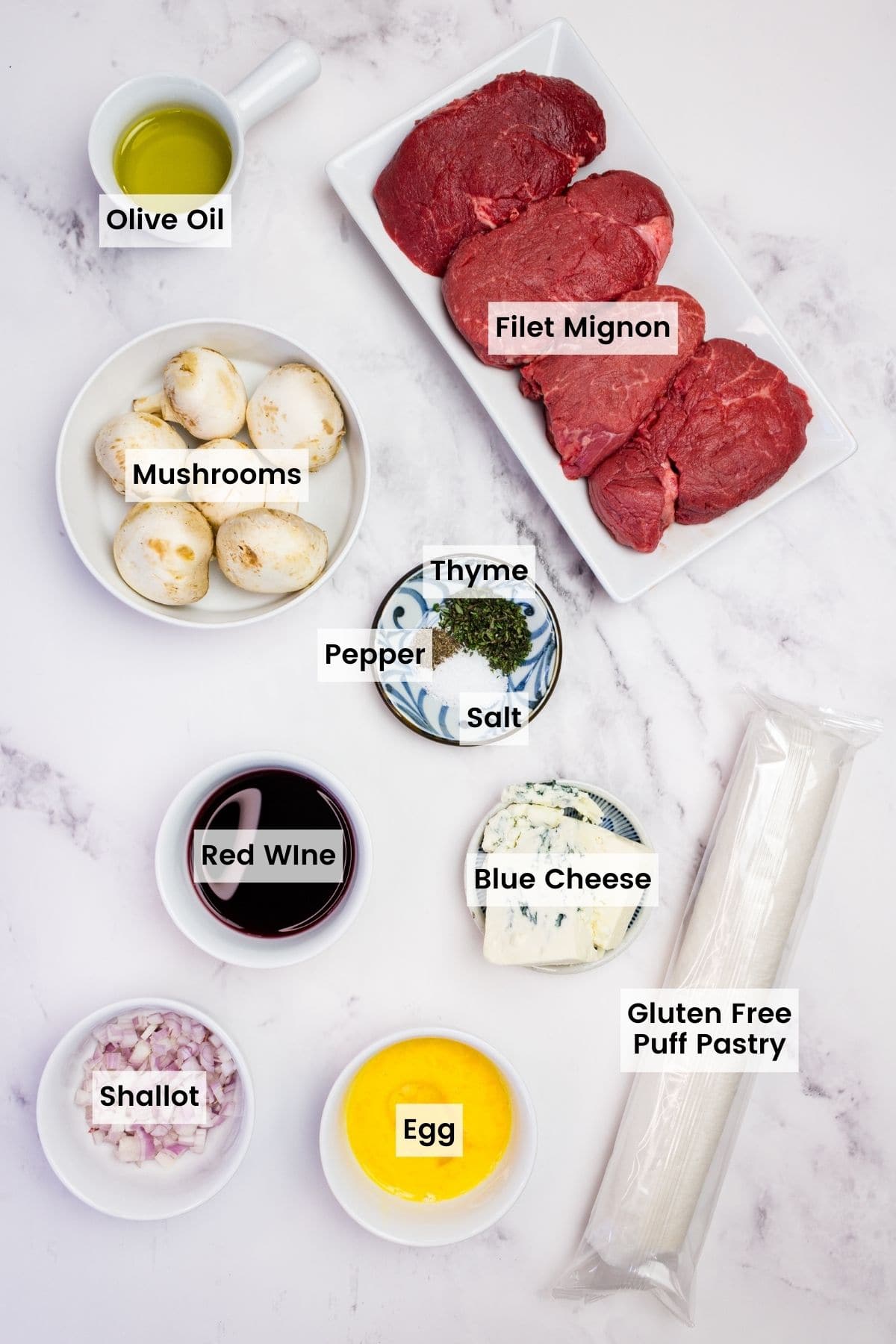 Overhead view of ingredients needed to make Individual Beef Wellingtons