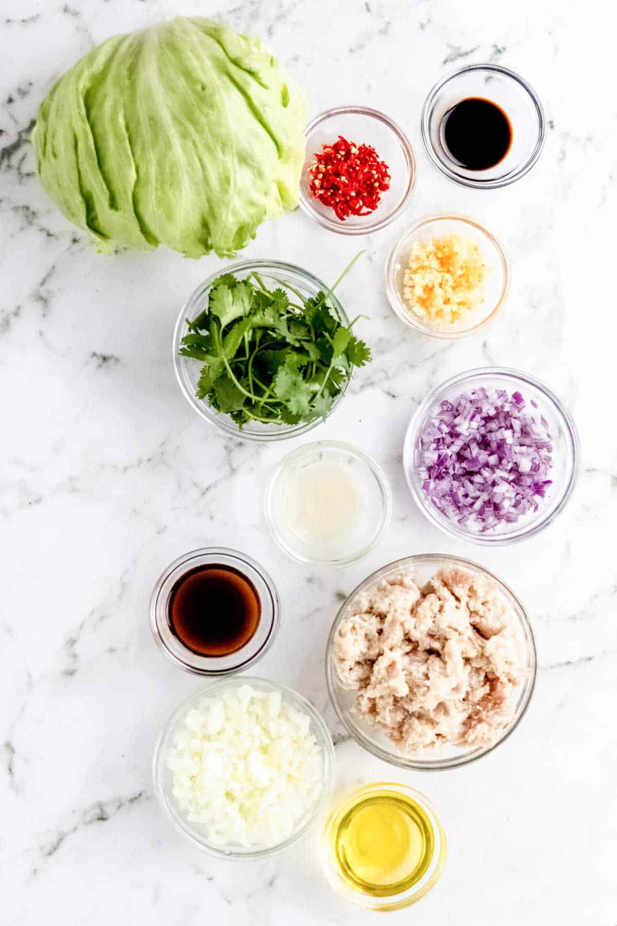 The ingredients for Thai larb chicken lettuce wraps.