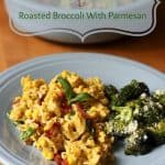 This dinner plate is filled with pesto pasta, corn, and bacon and served with parmesan broccoli.