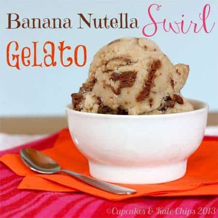 Scoops of banana Nutella swirl gelato in a white bowl.