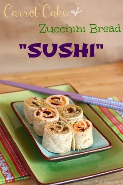 Carrot Cake & Zucchini Bread Sushi - fun takeout fakeout for your kids' lunchbox with endless options | cupcakesandkalechips.com #lunchbox #sandwich