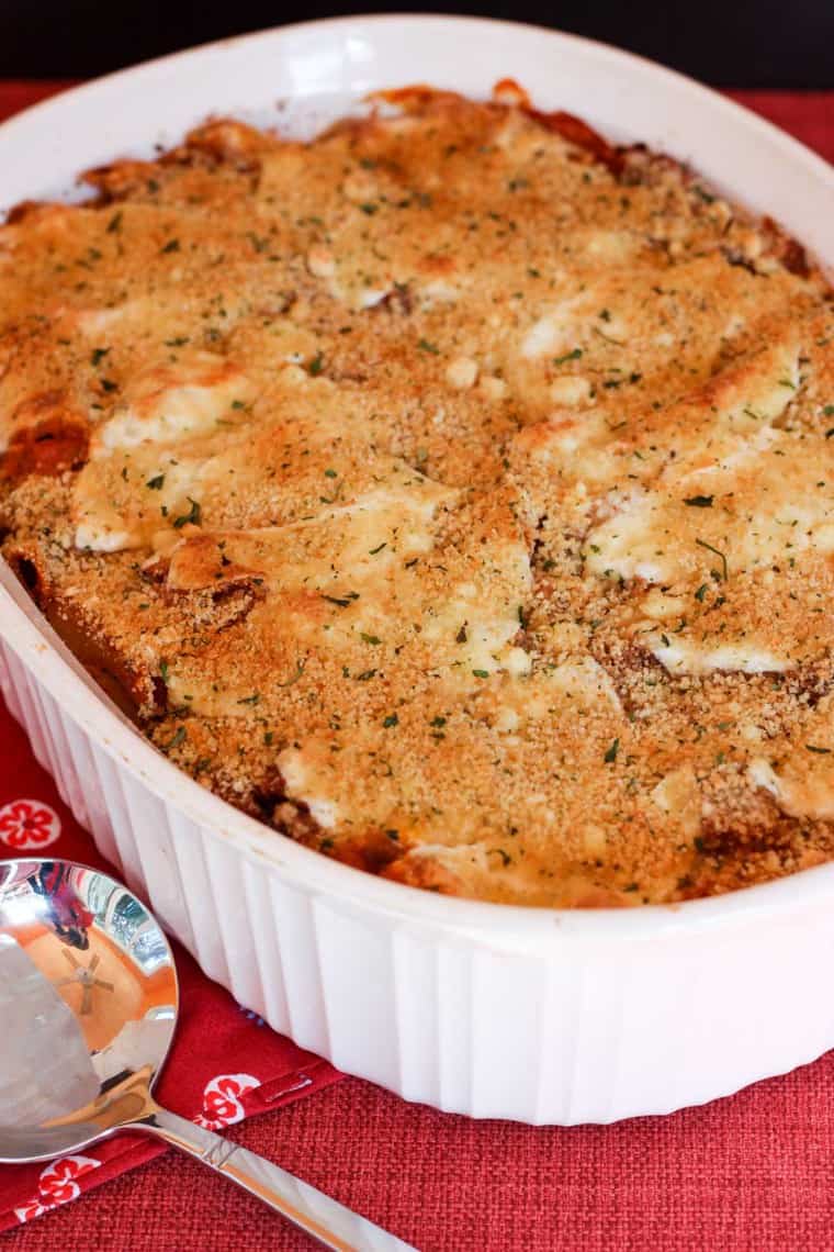 Baked Eggplant Pasta Recipe in a casserole dish