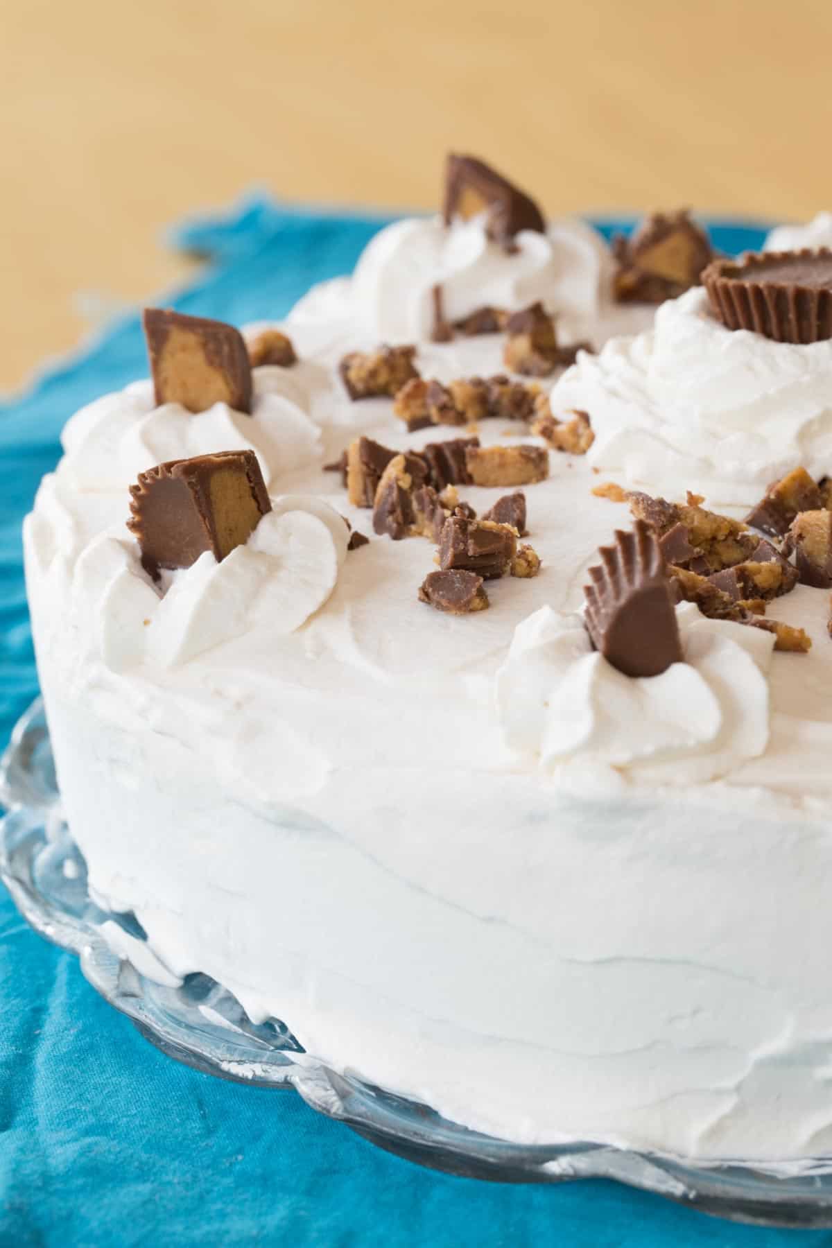 An ice cream cake slathered in whipped cream topping and studded with Reese's peanut butter cups.