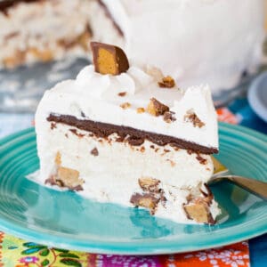 Peanut Butter Cup No-Churn Ice Cream Cake on a plate