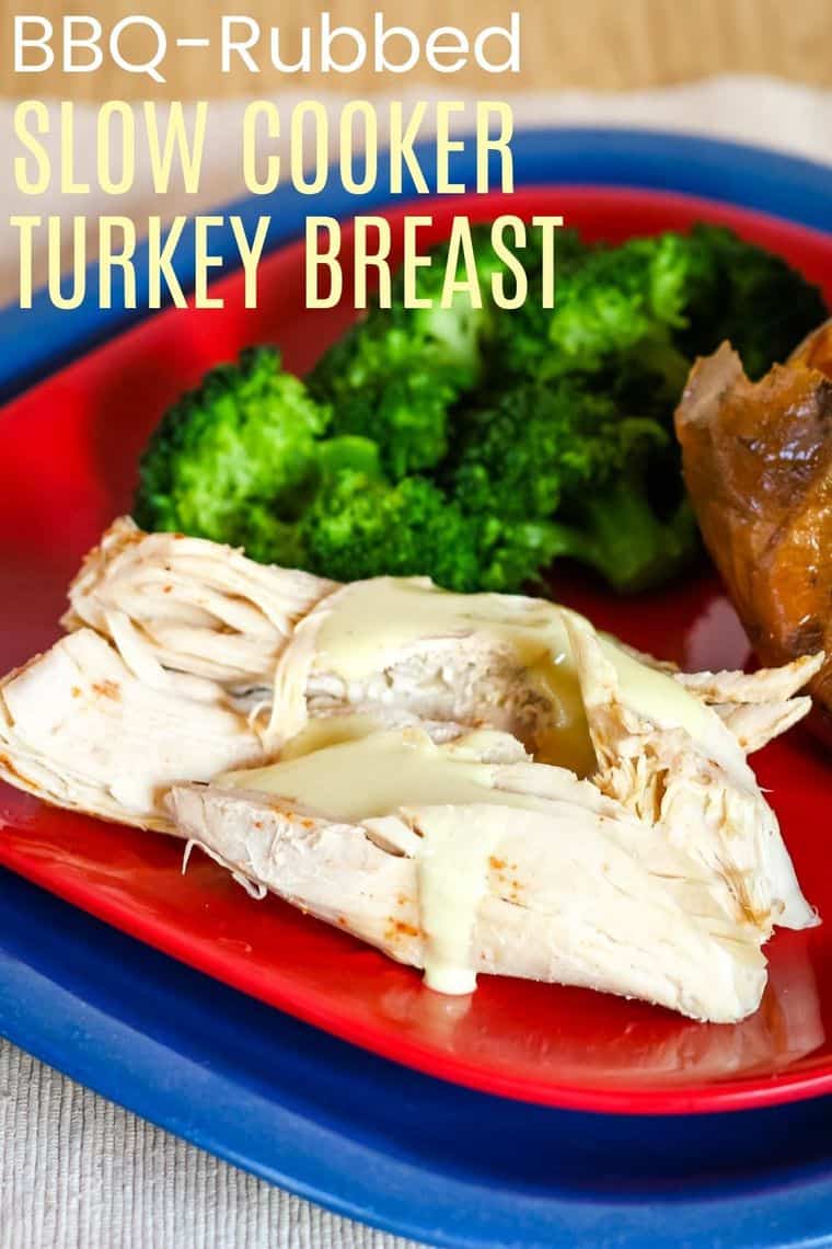 BBQ Rubbed Slow Cooker Turkey Breast Recipe image with title