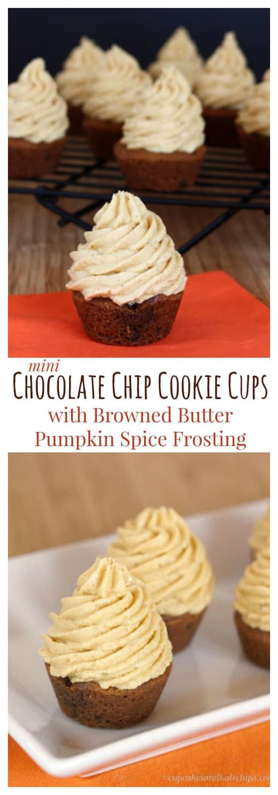 Mini Chocolate Chip Cookie Cupcakes with Browned Butter Pumpkin Spice Frosting | cupcakesandkalechips.com | gluten free option