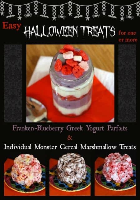 Easy Halloween Treats for one or more - Monster Cereal Marshmallow Treats and Franken-Blueberry Greek Yogurt Parfaits | cupcakesandkalechips.com | #halloween #greekyogurt #parfait #marshmallows #cerealtreats