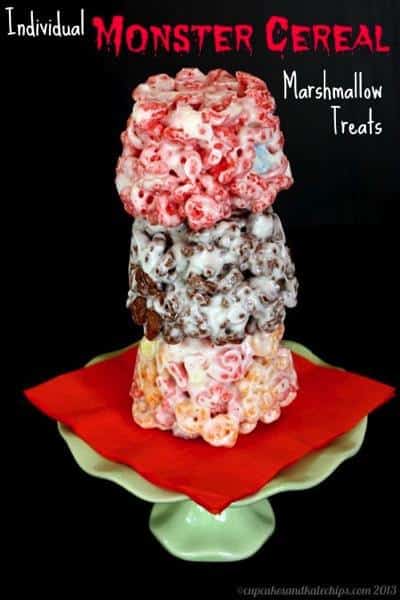 Individual Monster Cereal Marshmallow Treats | cupcakesandkalechips.com | #halloween #marshmallows #cerealtreats