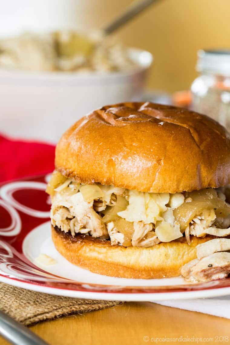 Slow Cooker or Instant Pot Pulled Chicken Sandwiches with apple cider, apples, and onions