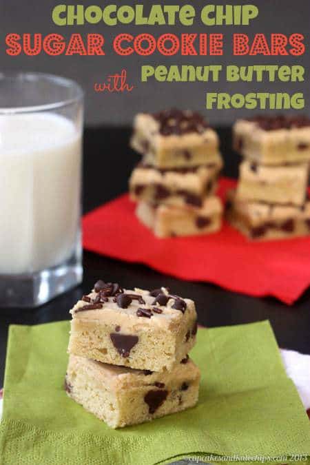 Chocolate Chip Sugar Cookie Bars with Peanut Butter Frosting - an easy Christmas cookie recipe to make with the kids!