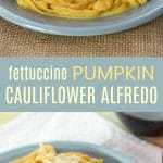 Fettuccine pumpkin cauliflower alfredo served with peas.