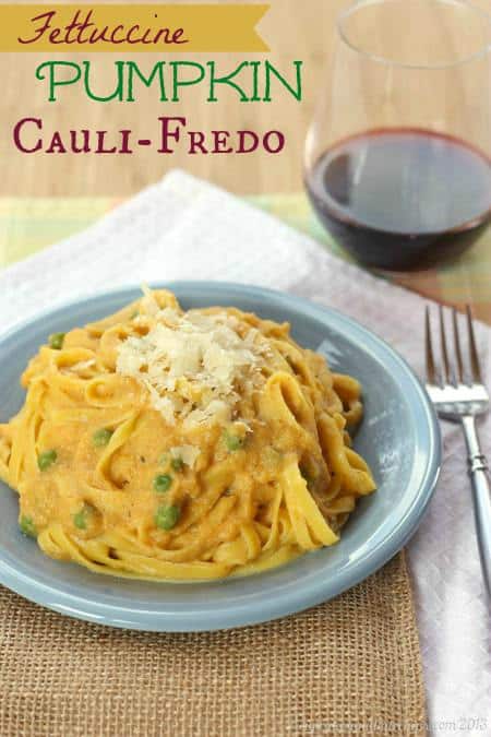 Fettuccine Pumpkin Cauliflower Alfredo - this delicious sauce is a healthy way to enjoy fettuccine Alfredo! Enjoy this cauli-fredo recipe over pasta or even zoodles for a gluten free and low carb option. #cauliflower #pumpkin #glutenfree #fettuccinealfredo